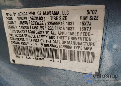 2007 Honda Odyssey Ex from USA, damaged, VIN 5FNRL384X7B085089